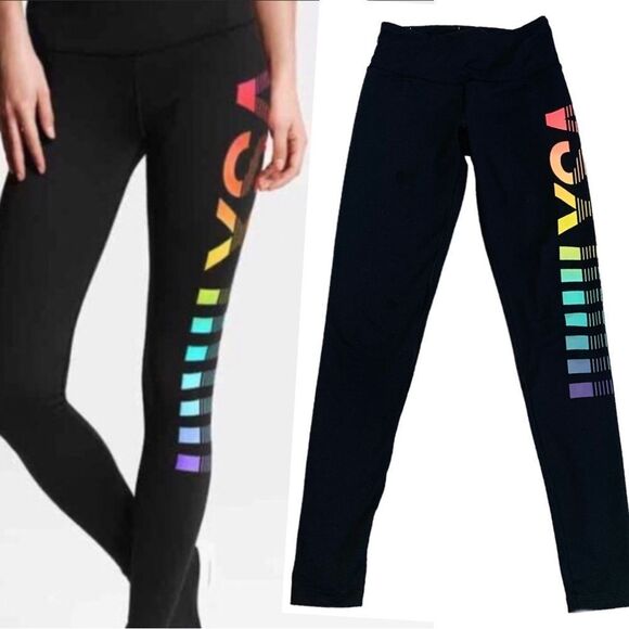 VICTORIA’S Secret VSX Black multicoloured rainbow vertical logo gym leggings XS - Picture 1 of 9